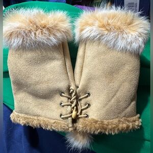 Tan Faux Fur Trimmed Mittens, leather